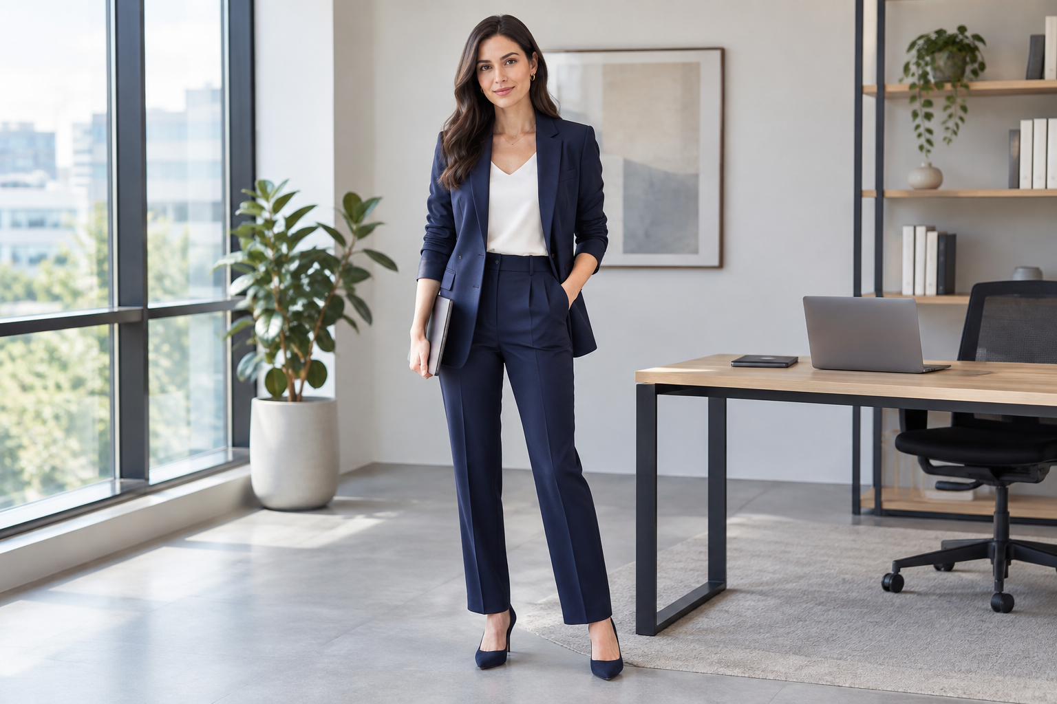 Ofis ortamında blazer ve pantolon kombinli profesyonel kadın
