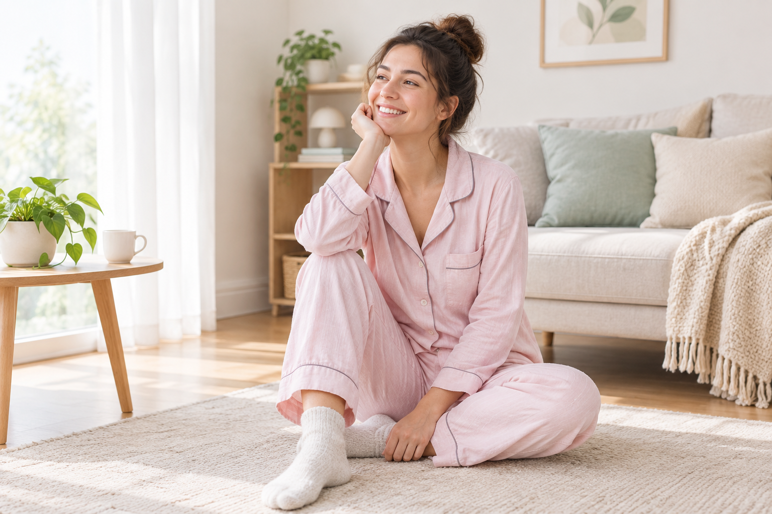 Pamuklu pijama takımı giyen kadın ev ortamında rahat bir şekilde oturuyor