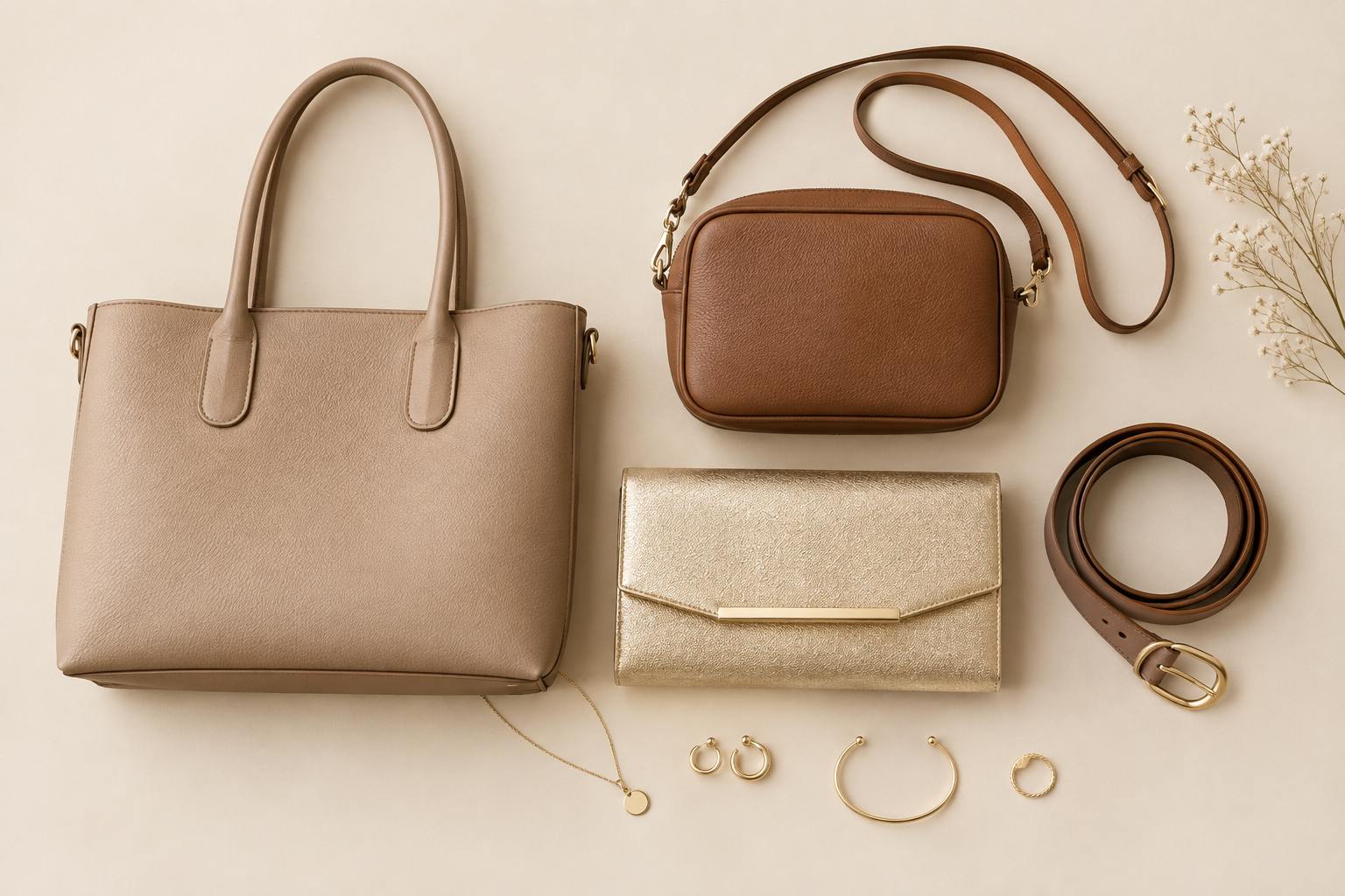 Farklı çanta türleri yan yana: tote bag, crossbody, clutch ve sırt çantası