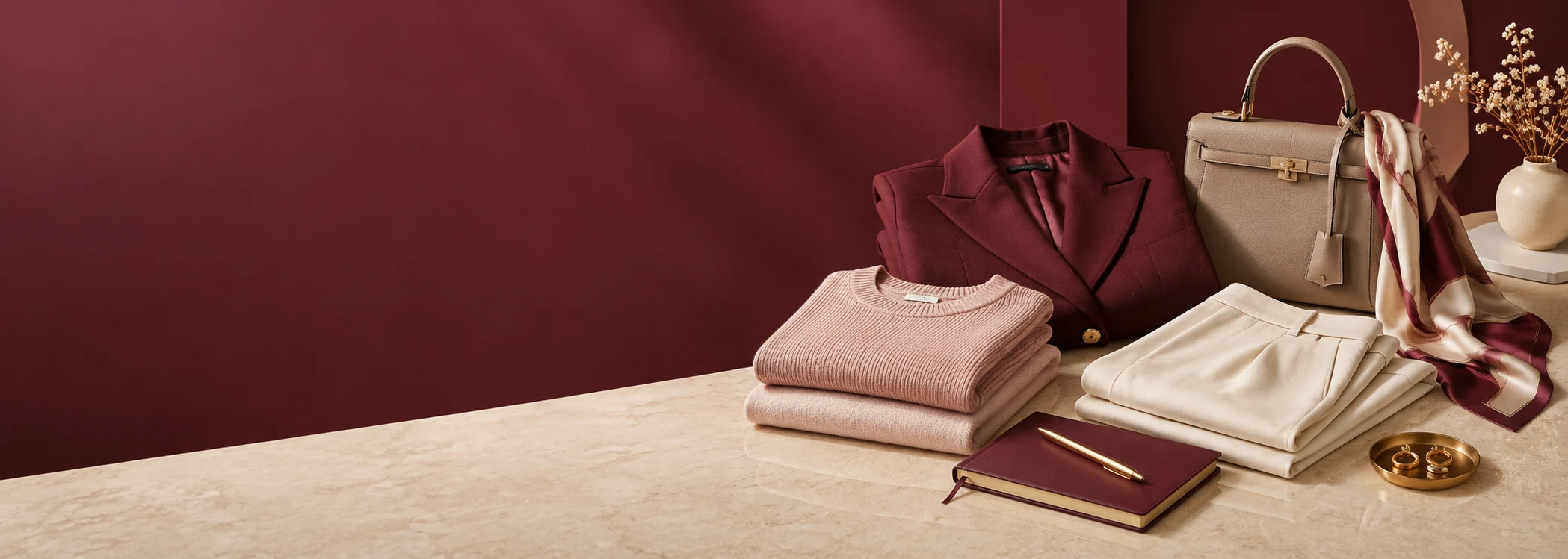 Bordo blazer, krem pantolon, triko ve çanta ile kadın giyim alışveriş rehberi bannerı