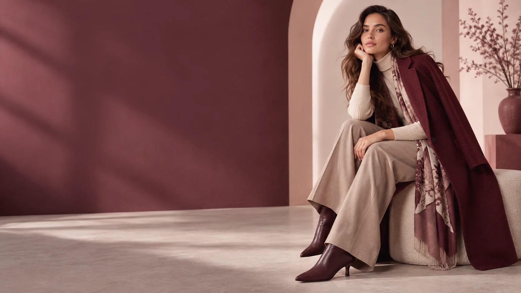 Bordo ve krem tonlarında modern kadın giyim stilini gösteren editoryal moda görseli